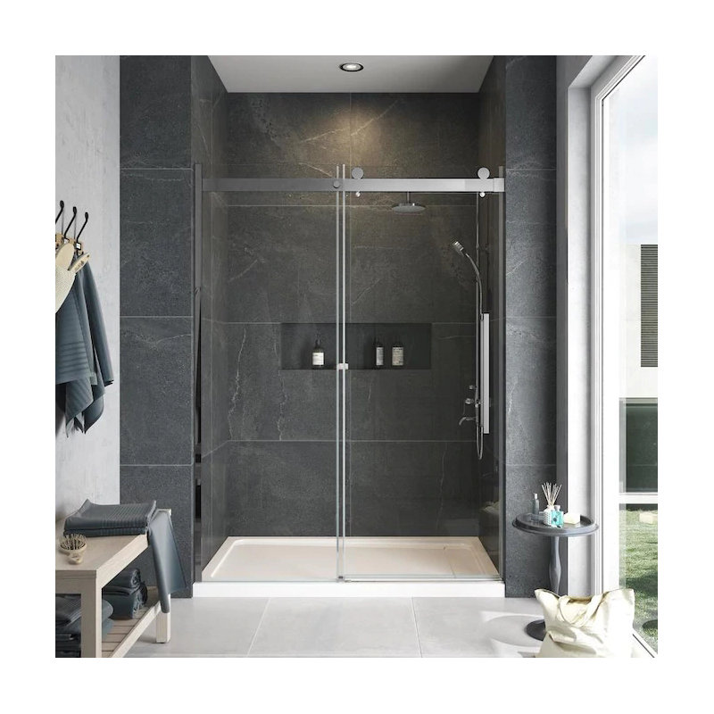 Madeline frameless sliding shower door, 5/16 in. clear glass, 56-60 in. w x 60 in. h, reversible install, Brushed Stainless