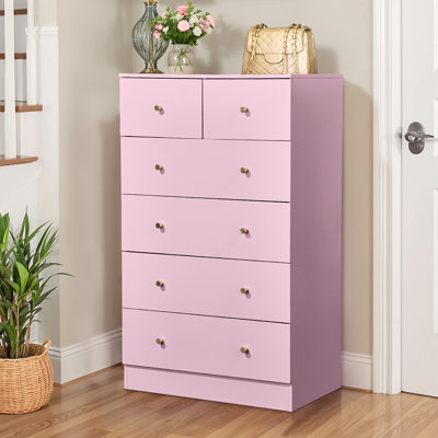  Grande commode à 6 tiroirs pour chambre à coucher et commode avec rangement robuste en bois pour garde-robe rose