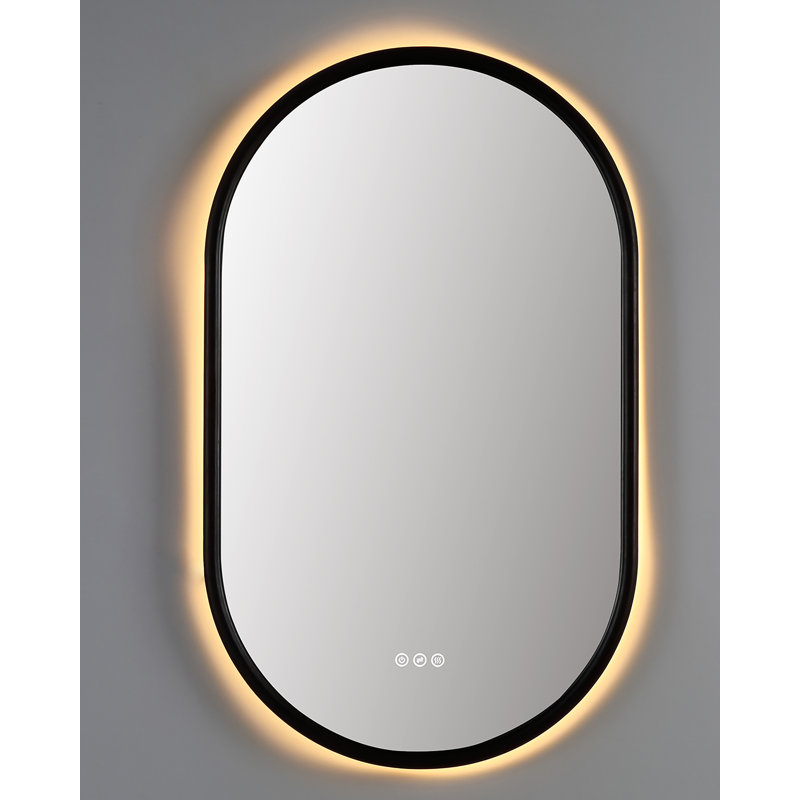 Natural Oak Veener Solid wood Dimmable Anti-fog Led Mirror, 39.37" x 23.62", Dark Walnut, Oval