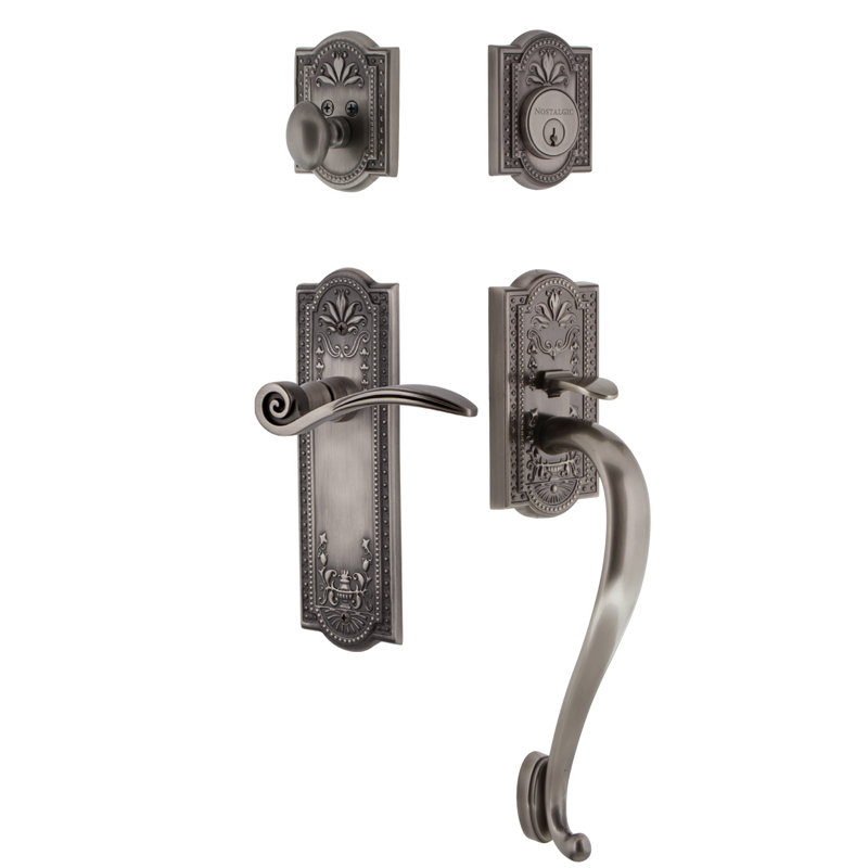 Nostalgic Warehouse Meadows Plate S Grip Handleset with Single Cylinder Deadbolt and Swan Lever, 2 3/8", Antique Pewter
