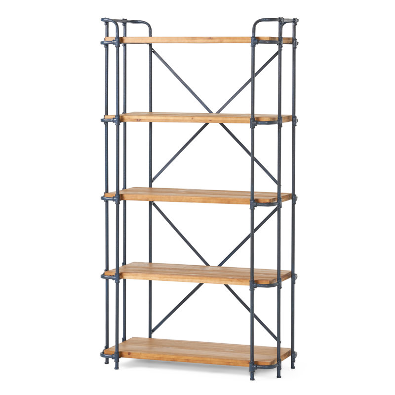 Kaeden  Ladder Bookcase with Wood Shelves & Iron Frame, (5 Shelves) 66.75" H x 36.5" W x 17.5" D