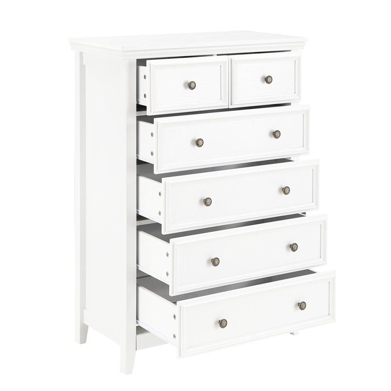 Living Room Dresser With 6 Drawers - White, Vintage Flower Handle & Spacious Interior White 6 Chest Storage Smooth Drawer Movement For