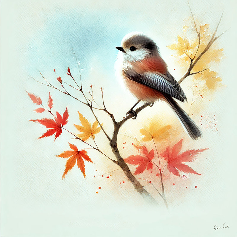 «Whimsical Bird with Autumn Leaves», art mural sur toile tendue, H 30 po x l 30 po x P 1,5 po