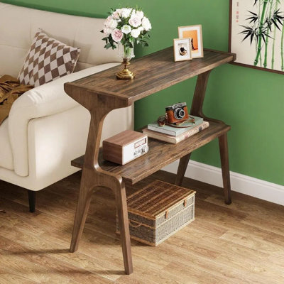 Table d'appoint en bois massif avec 2 tablettes de rangement, canapé et table de chevet brun rustique, finition laquée résistante à l'eau pour le salon et la chambre à coucher