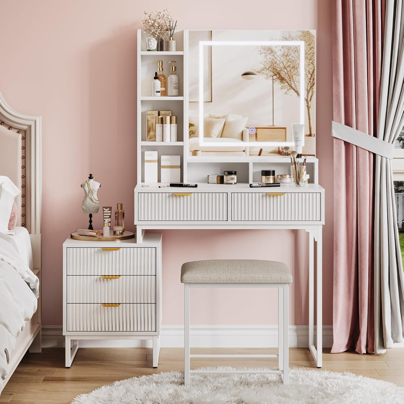 Modern White Makeup Vanity Set with Lighted Mirror, Storage Drawers & Shelves, Small Bedroom Vanity Table with Stool, White