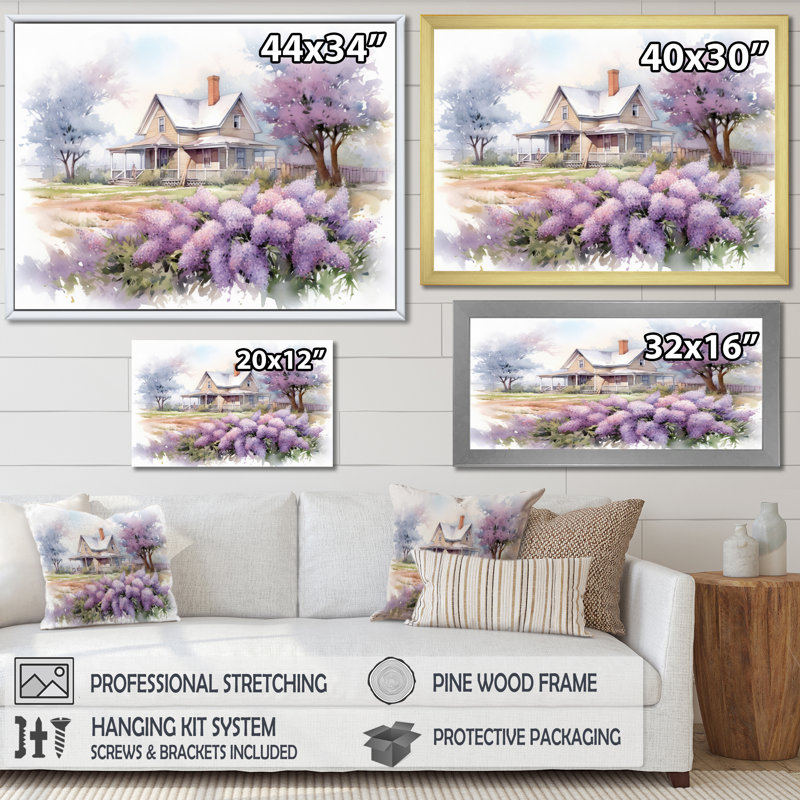 Mauve et gris lilas à la ferme - lilas, art mural encadré, H 12 po x l 20 po x P 1 po, Cadre flottant doré