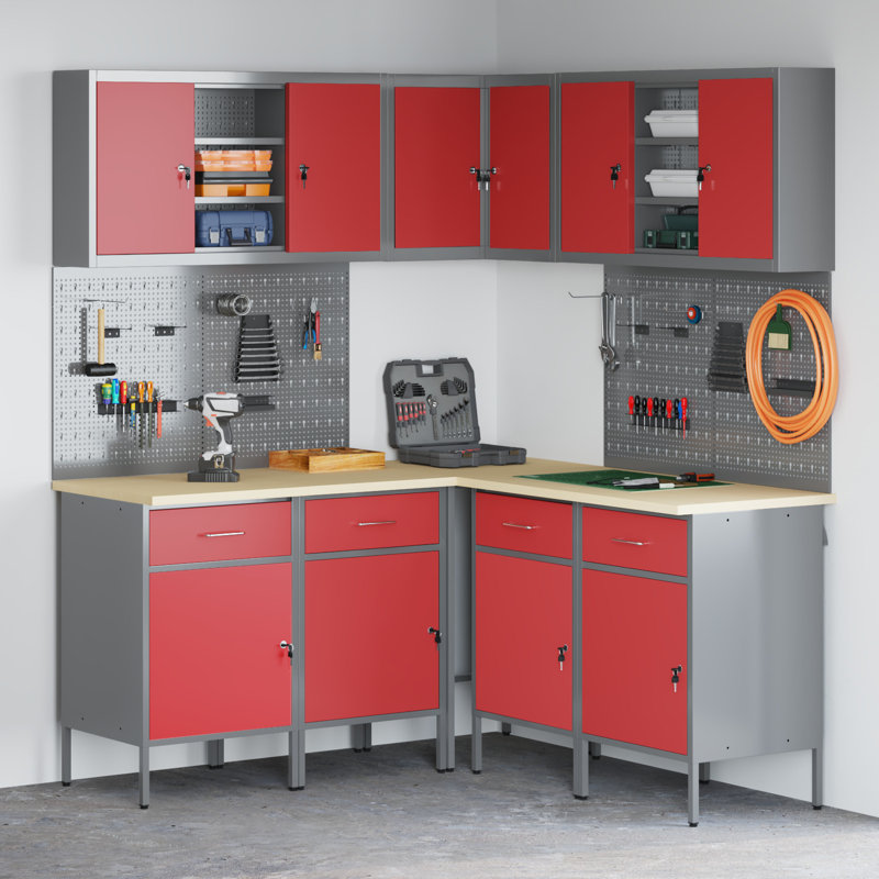 Work Cabinet Set with Drawer with Shelf, Red