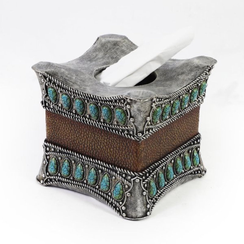Southwest Turquoise Faux Leather Tissue Box Cover Resin Holder