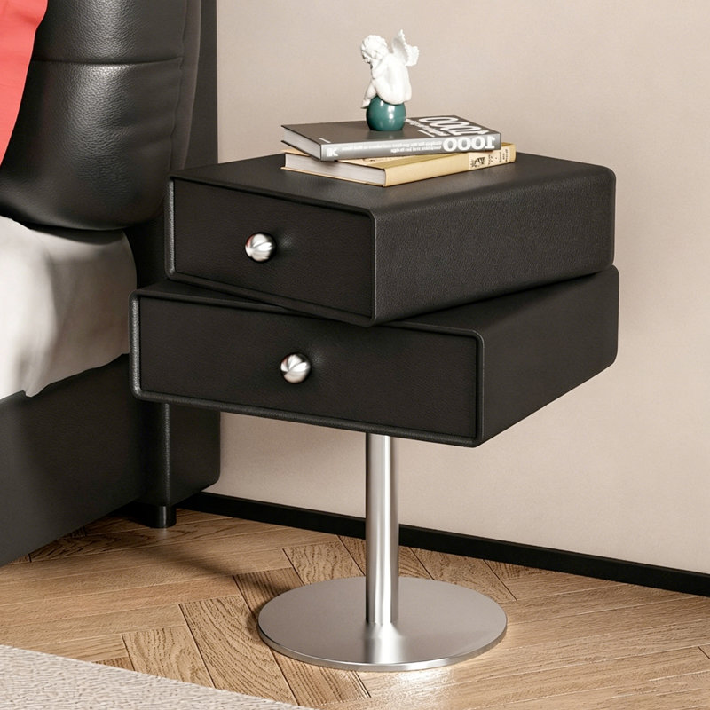 Table de chevet pivotante noire légère et luxueuse, composée de deux tiroirs et reposant sur un socle rond pivotant au sol (23,62 po H x 19,69 po L).