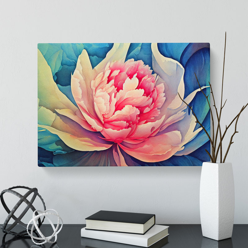 Watercolour Peony Flower - Wrapped Canvas Painting, 35cm H x 50cm W x 3cm D