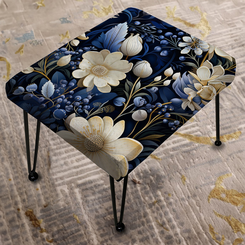 Deep Indigo Moonlit Flowers - Botanical Rectangle Ottoman