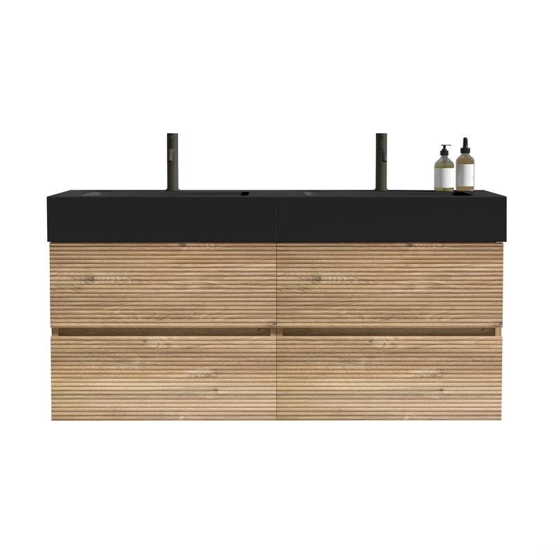 Meuble-lavabo 48 po avec lavabo à quartz et tiroirs noirs doux, meuble-lavabo mural flottant, Chêne, 48"