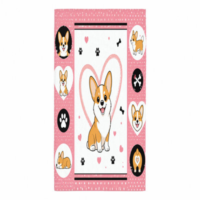 1Pcs Cute Corgi Beach Towel, featuring adorable illustrations in various poses with hearts and paw prints, perfect for, swimming, travel, outdoor activities, unisex design.