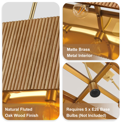 Lustre linéaire à lattes en chêne naturel 43,5 po, 5 lumières, laiton mat, hauteur réglable