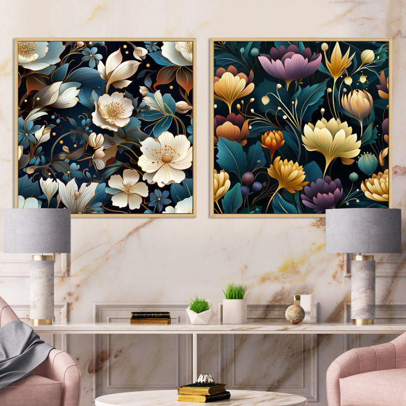 Jewel Tones Flowers Blooms - Abstract Botanicals Square, ensemble de 2 collages carrés, Cadre flottant brun
