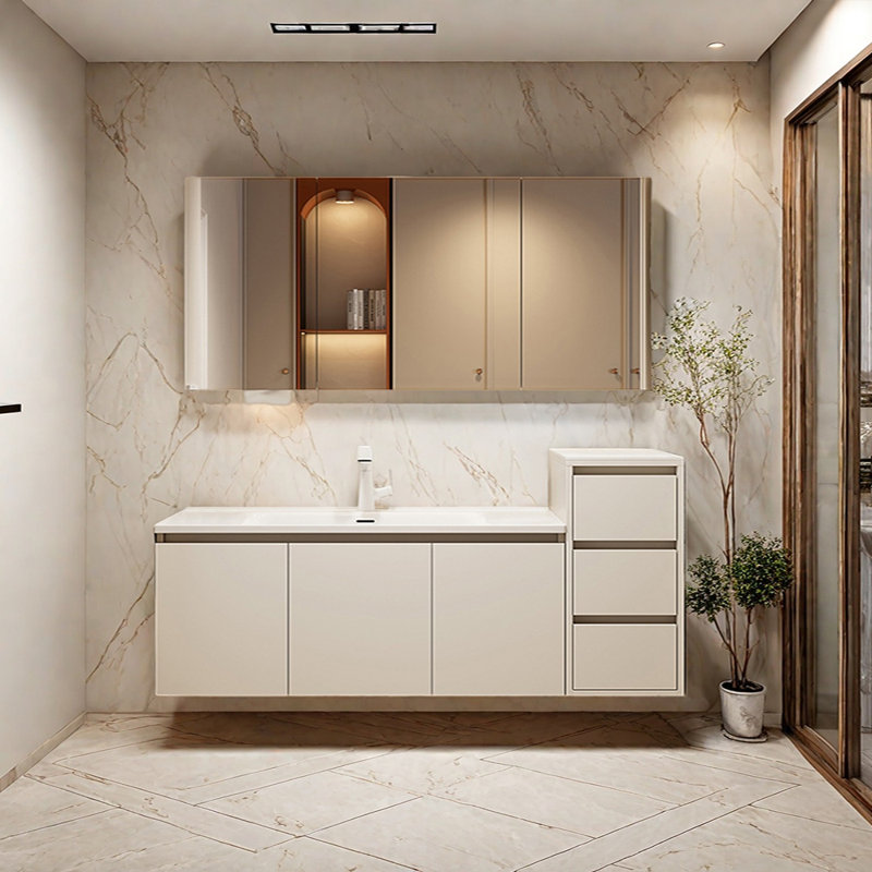 Armoire de salle de bain simple et luxueuse, H 27,5 po x l 66,9 po x P 19,6 po, Blanc cassé / blanc