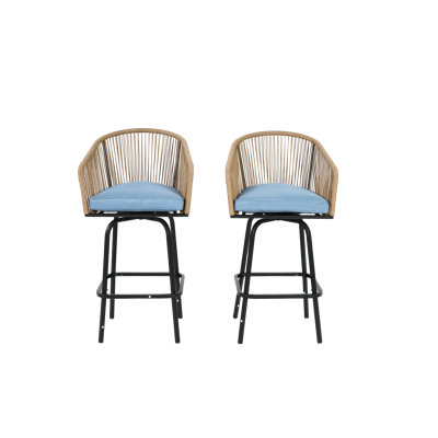 Outdoor Bar Stools Set Of 2 With Armrests & Backrest, All Weather Rattan Bar Chairs For Garden, Pool, Balcony, Blue