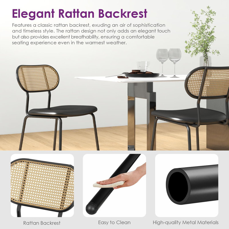 Black Faux Leather and Rattan Dining Chairs Set of 4
