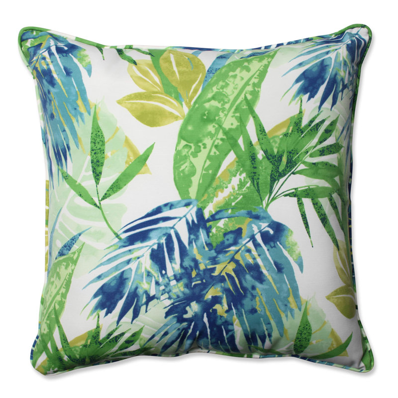 Tropical Blue and Green Leafy Outdoor Throw Pillow