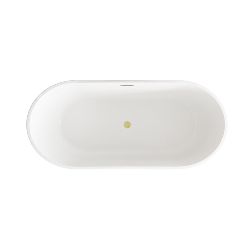 67 Inch Glossy White Acrylic Freestanding Bathtub with Brushed Gold Trim