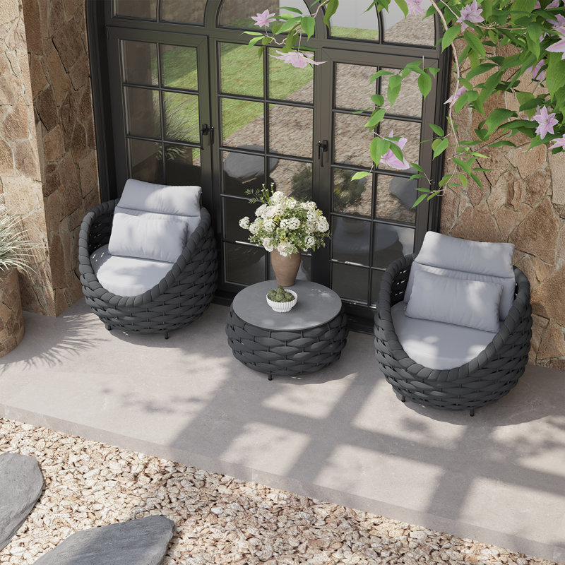 Ensemble de chaises de patio pour 2 personnes avec table basse, 3 Pcs: Table, 2 Chairs, Light Grey, Dark Grey Textilene Rope