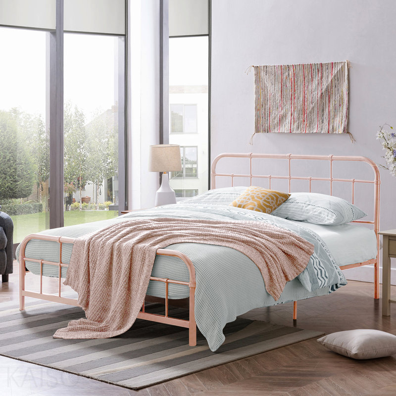 Full Size Metal Bed with Rounded Corner Headboard and Footboard, Pink, Queen, Pink