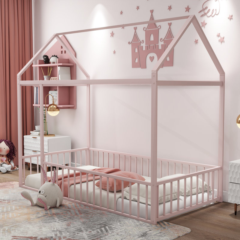 Structure de lit Paisley en métal avec toit et clôture pour enfants et adolescents, Lit simple