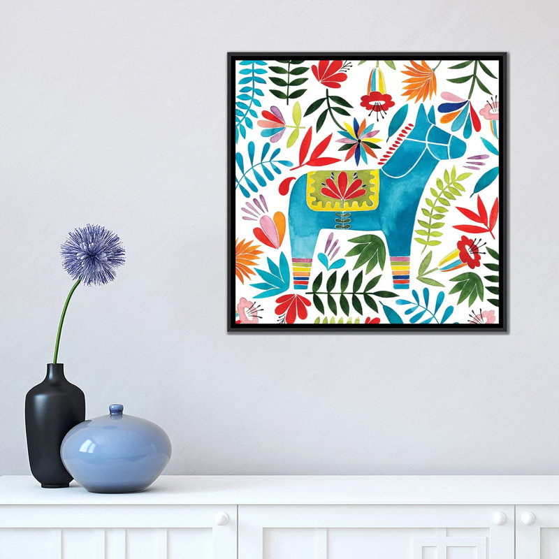 « fête otomi i », impression sur toile, H 18 po x l 18 po x P 1,5 po, Toile avec cadre noir, Pas de tapis