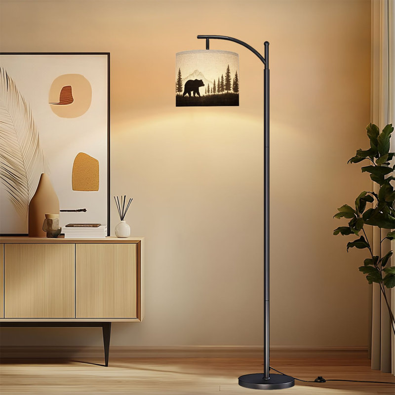 Lampe sur pied à arc avec abat-jour réglable Silhouette de forêt rustique avec ours