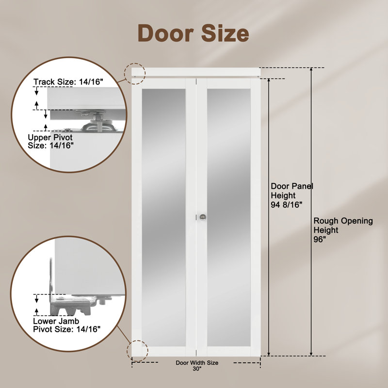 80''&96''H 1-Lite Mirrored Door Solid Manufactured Wood Bi-Fold Door with Installation Hardware Kit, 30" x 96"
