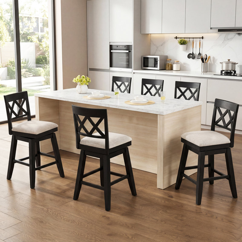 Modern Farmhouse Cross Back Upholstered Solid Wood Bar Stool, Black, 6