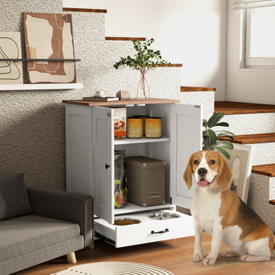 Dog Feeding Station With Hidden Crockery, Adjustable, Hooks, For Medium Dogs, White Facility Tableware, Adjustable Panel, Hooks Pets