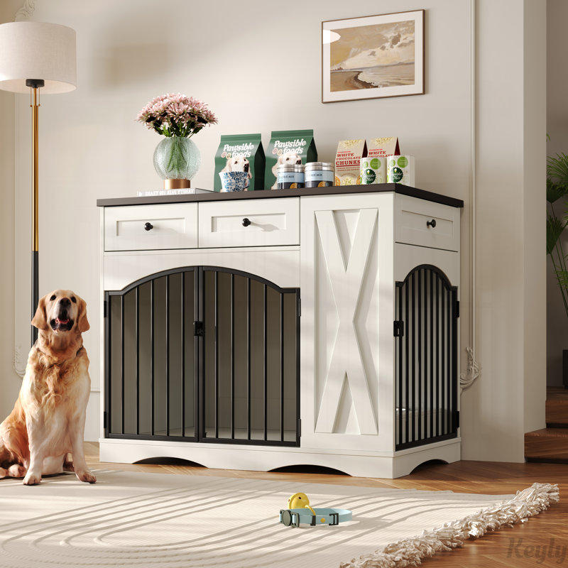 Caisse pour chien robuste 43,3 po avec 3 tiroirs et mangeoire amovible