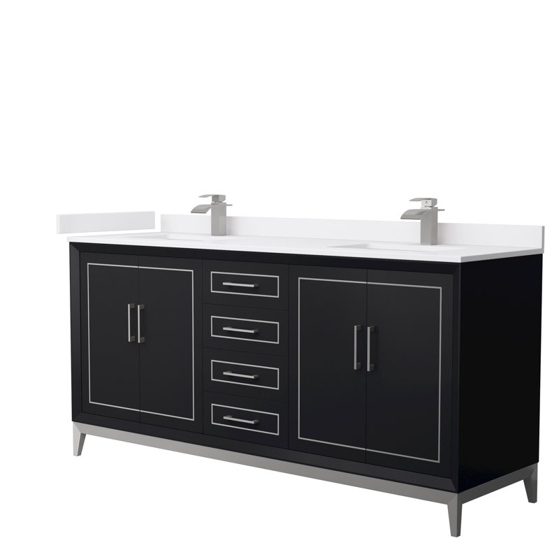 Ensemble de meuble-lavabo double 72 po Marlena, Noir, Nickel brossé, Marbre de culture blanc