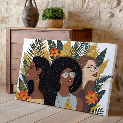 Toile une illustration stylisée vibrante mettant en vedette trois femmes diverses avec des coiffures et des lunettes distinctes, positionnées dans une toile