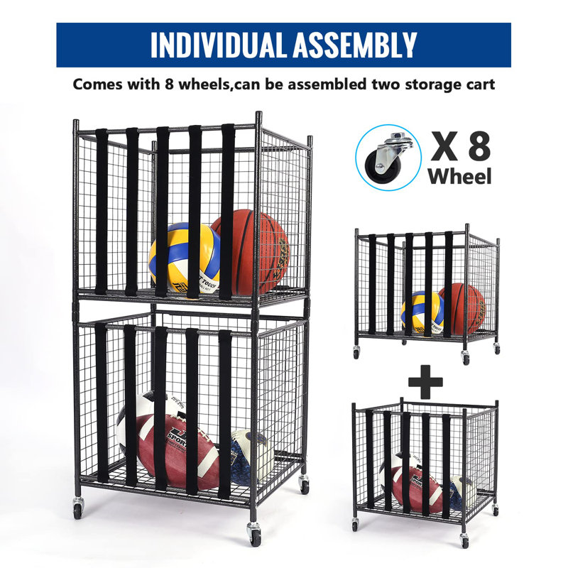 Ball Storage Locker With Elastic Straps, Stackable Ball Cage For Garage Storage Garage Organizer