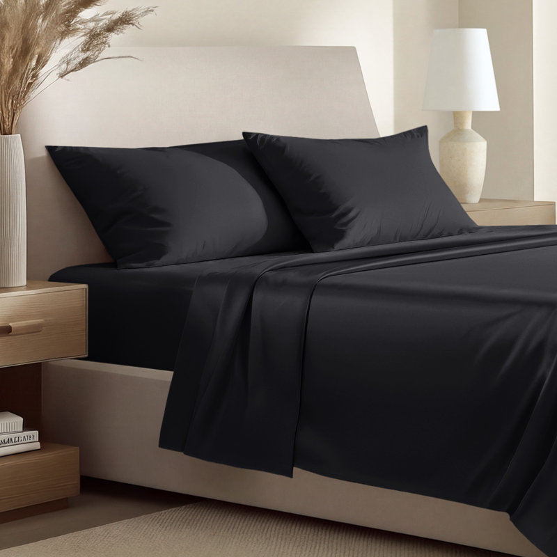 400 Thread Count Sateen Sheet Set, Split Head Flex King Sheet Set with 2 Pillowcases, Black