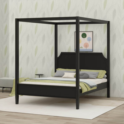 Lit à baldaquin avec tête de lit et pieds de support, cadre de lit plateforme en bois avec 4 affiches en bois