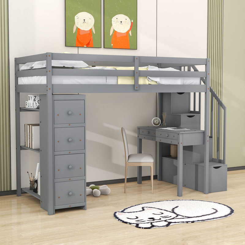 Graesen Kids Twin Loft Bed with Drawers, Gray