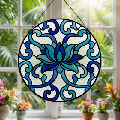7.8"H Blue Floral Stained Glass Window Panel