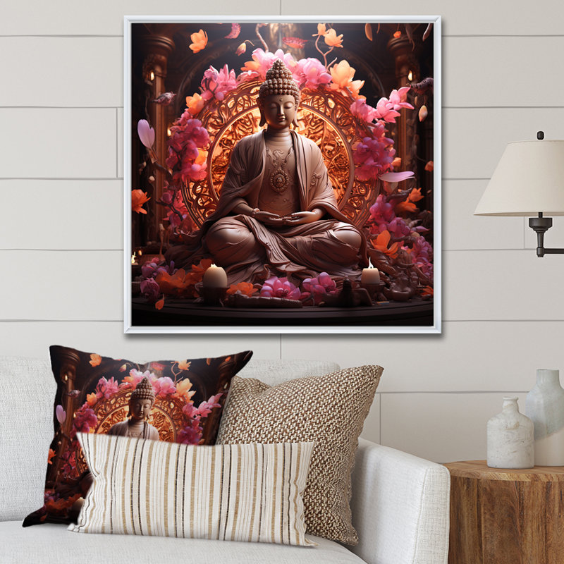 Art bouddhiste indien rose et doré, Cadre flottant blanc, H 36 po x l 36 po x P 1,5 po