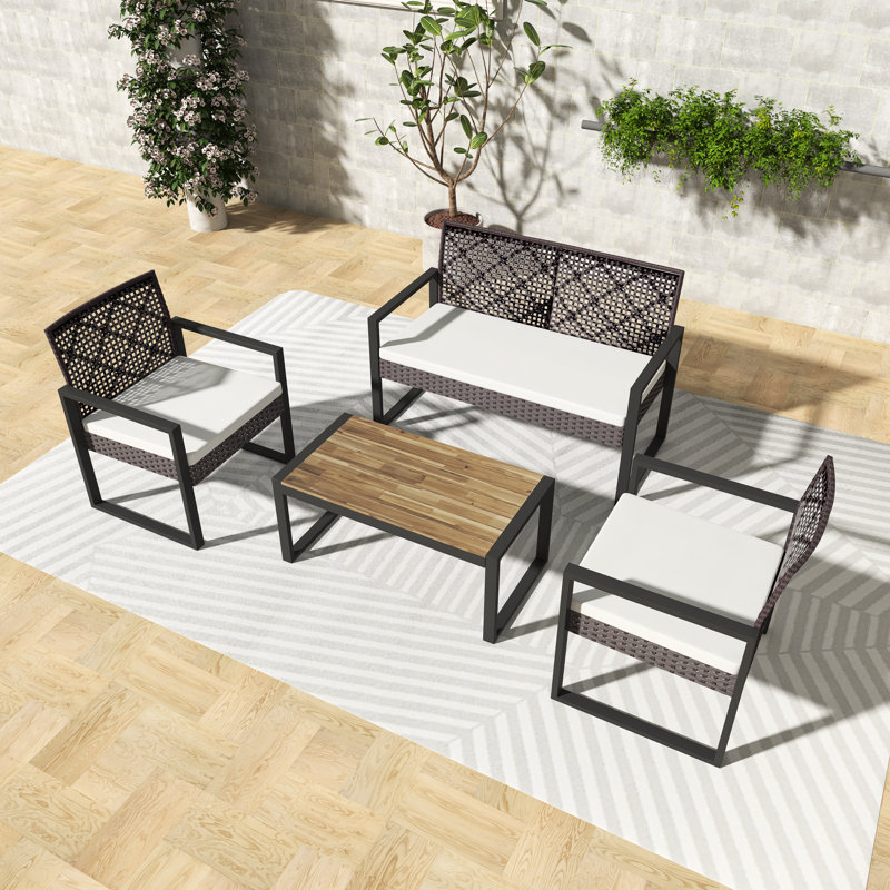 Ensemble de conversation de patio en osier 4 pièces avec coussin beige, Coussin beige, structure noire