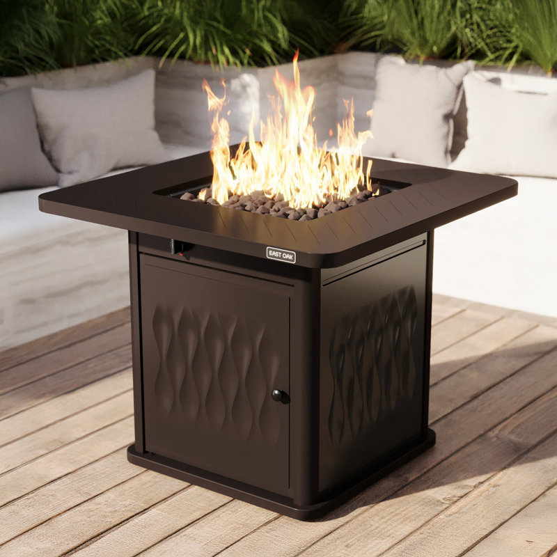 Table de foyer d'extérieur au propane en acier inoxydable avec couvercle, H 25 po x l 32 po x P 32 po, Brun