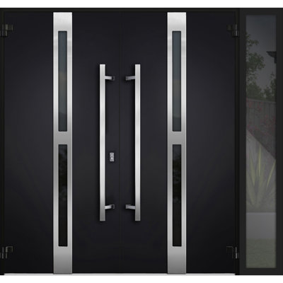 Façade extérieure avant double portes en métal / deux portes en verre noir teinté émaillé noir 1755 / fenêtre extérieure Sidelite / porte d'entrée peinte à gauche 84 po x 80 po