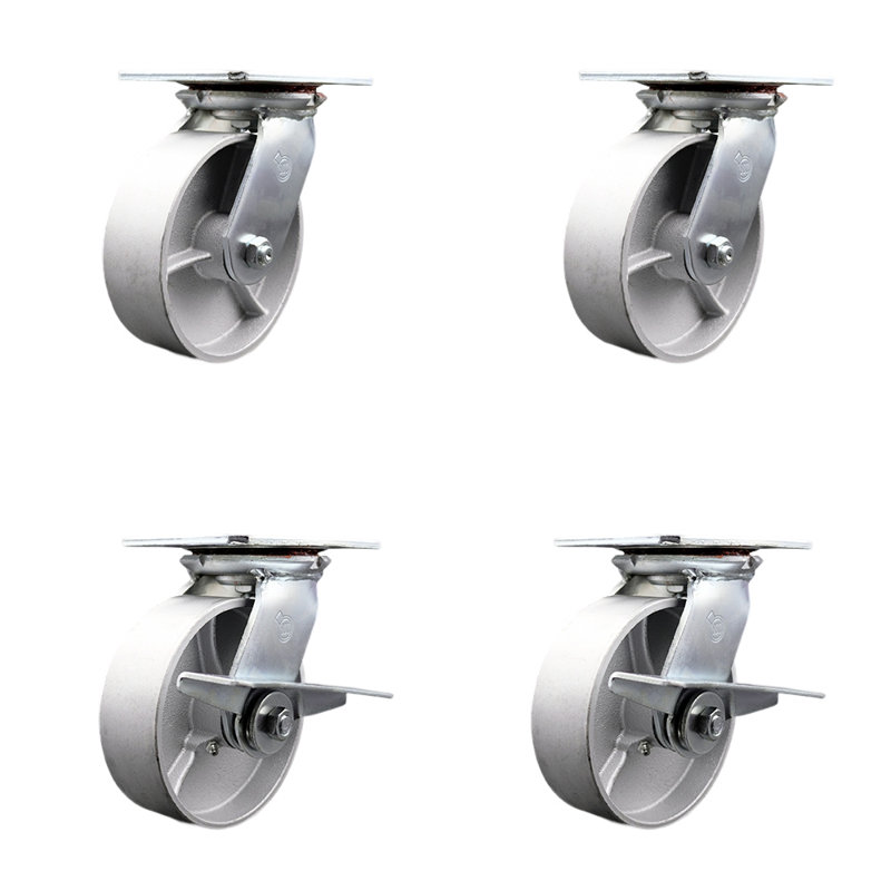 6 Inch Semi Steel Swivel Caster Set with Roller Bearings 2 Brakes Service Caster