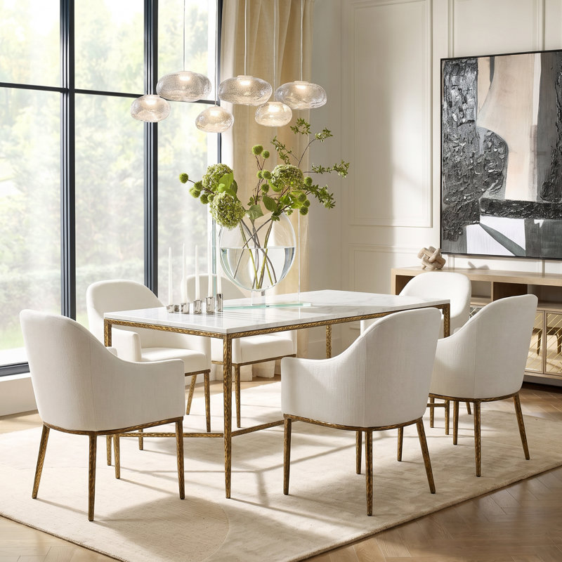 Ensemble de salle à manger 7 pièces Fernand avec table d'appoint en marbre et chaises rembourrées, Beige / laiton forgé
