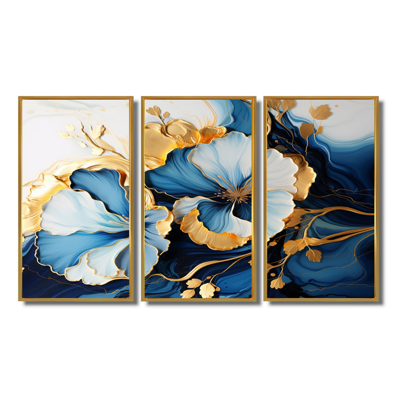 «White Blue Flower Gold Leaves - Abstract Modern Waves», ensemble d'art mural, Cadre flottant doré