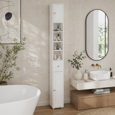 Grande armoire de rangement pour salle de bain mince, armoire de salle de bain autoportante 71 po avec 1 tiroir, 2 portes et 4 tablettes réglables - blanc