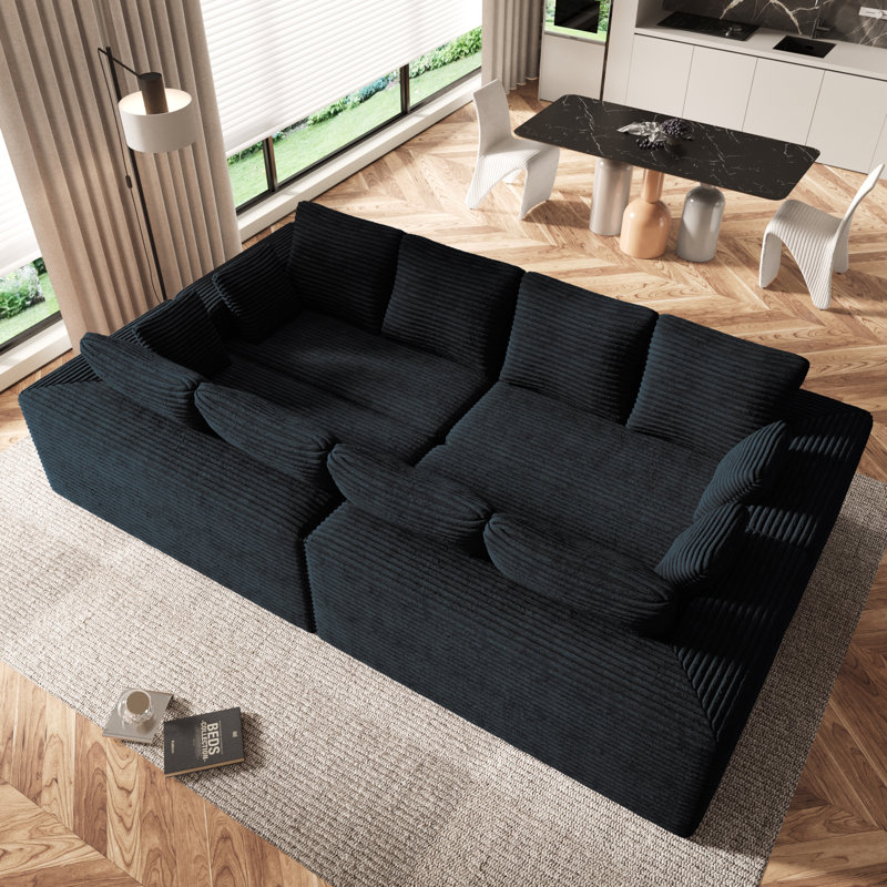Aruba 8-Seater Modern Modular Cloud Plush Corduroy Fabric Compression Sectional Sofa,No Assembly Required, Black Corduroy
