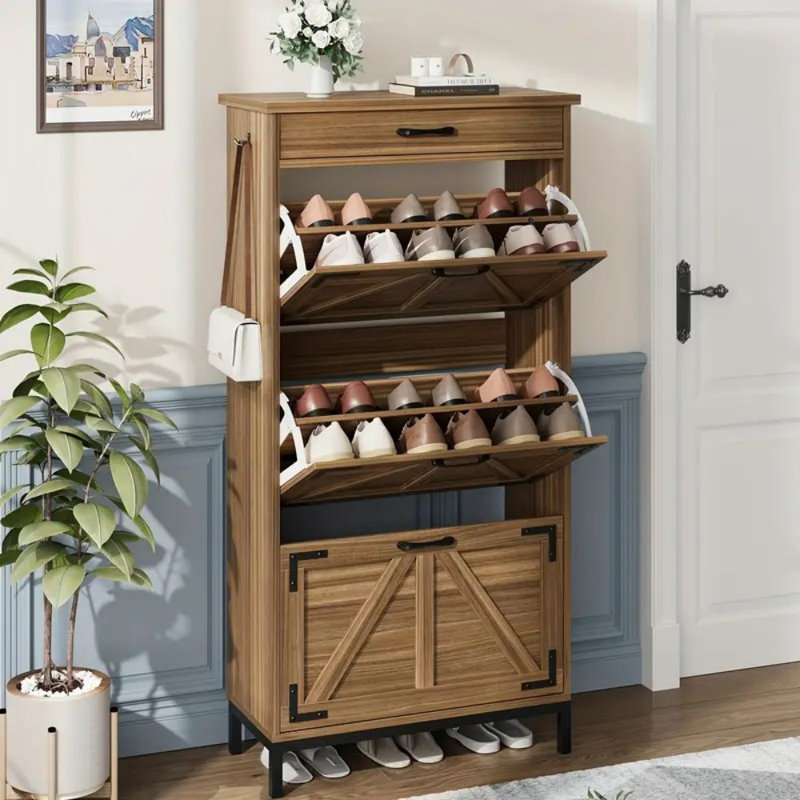 Shoe Cabinet With 3 Flip Drawers, Hidden Wood Shoe Cabinet, Freestanding Shoe Storage Cabinet With Top With Small Sliding Drawer For Entryway Hallway